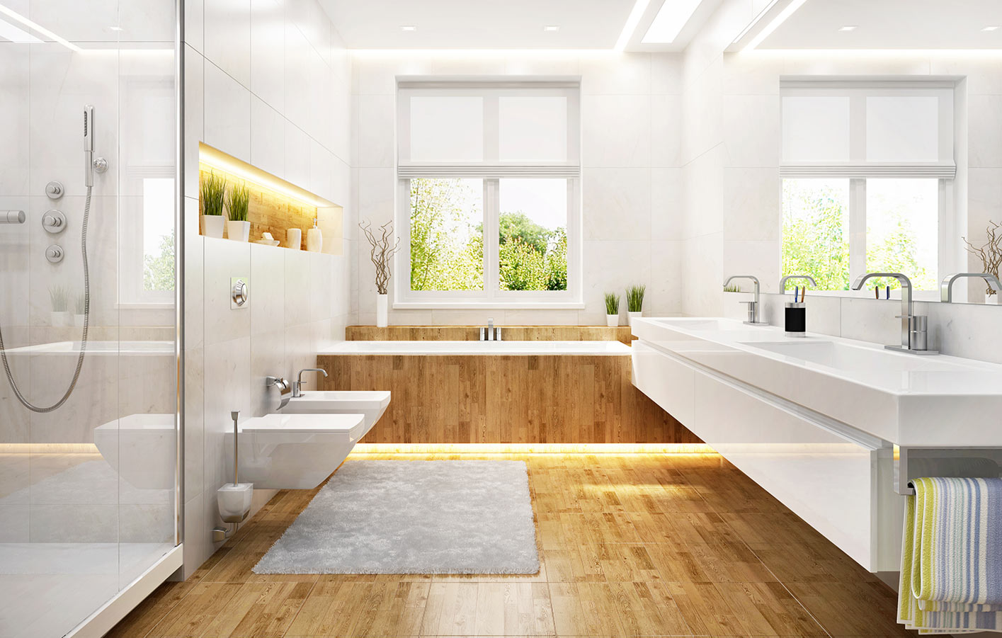 modernes helles Bad mit Holzboden - Parkettboden